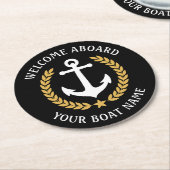 Welcome Aboard Boat Name Anchor Gold Laurel black Round Paper Coaster (Angled)