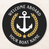 Welcome Aboard Boat Name Anchor Gold Laurel black Round Paper Coaster (Front)