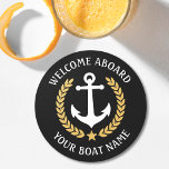 Welcome Aboard Boat Name Anchor Gold Laurel black Round Paper Coaster<br><div class="desc">A stylish nautical themed set of paper coasters with welcome aboard and your personalized boat name, family name or other desired text. Features a custom designed boat anchor with gold style laurel leaves and a star on black or easily customize the base colour to match your current decor or theme....</div>