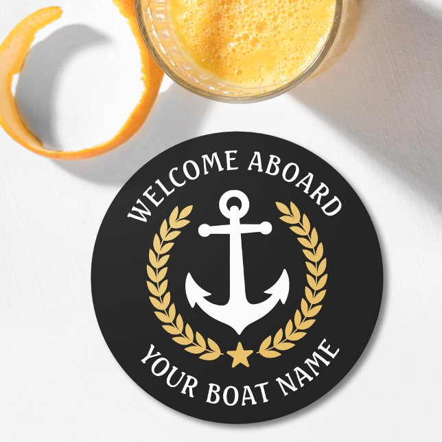 Welcome Aboard Boat Name Anchor Gold Laurel black Round Paper Coaster