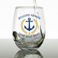 Welcome Aboard Boat Name Anchor Gold Laurel Blue