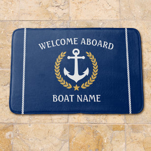 Welcome Aboard Boat Name Anchor Gold Laurel Navy Bath Mat