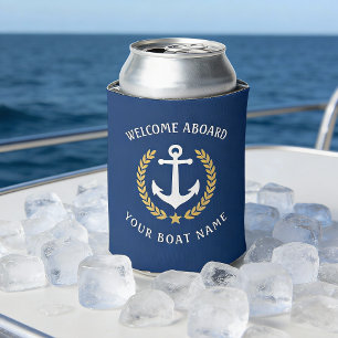 Welcome Aboard Boat Name Anchor Gold Laurel Navy Can Cooler