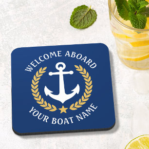 Welcome Aboard Boat Name Anchor Gold Laurel Navy Coaster