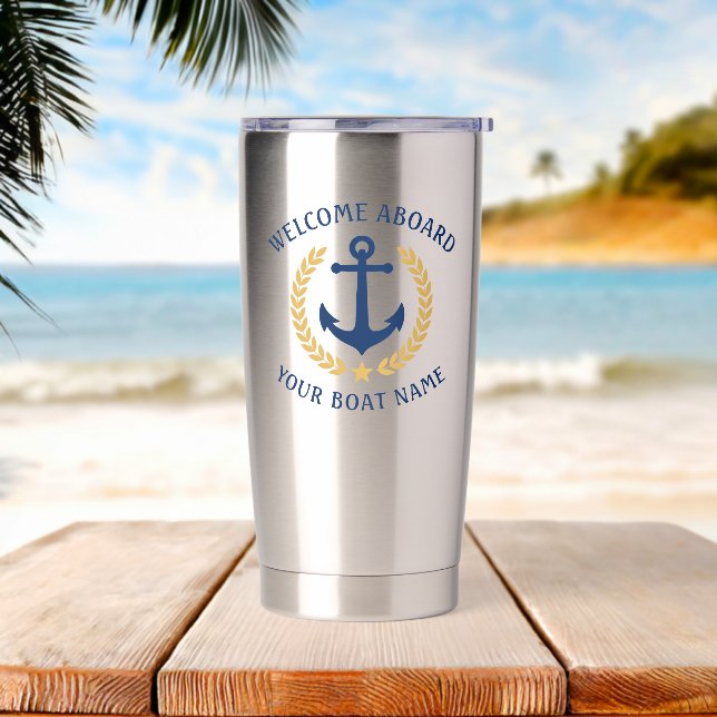 Welcome Aboard Boat Name Anchor Gold Laurel Navy Insulated Tumbler (Beach)