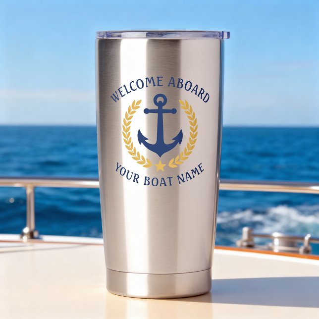 Welcome Aboard Boat Name Anchor Gold Laurel Navy Insulated Tumbler (Creator Uploaded)