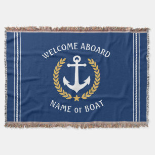 Welcome Aboard Boat Name Anchor Gold Laurel Navy Throw Blanket