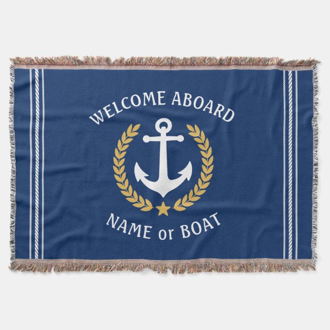 Welcome Aboard Boat Name Anchor Gold Laurel Navy Throw Blanket (Front)