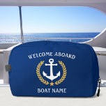 Welcome Aboard Boat Name Anchor Gold Laurel Star Dopp Kit<br><div class="desc">A personalized, nautical themed, cosmetics, grooming and toiletry kit bag to keep you travel items organized and safe. This design featuring a custom made boat anchor with gold coloured laurel leaves and a gold star with rich text reading "Welcome Aboard" and your name or boat name. The colours are white...</div>
