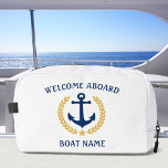 Welcome Aboard Boat Name Anchor Gold Laurel Star Dopp Kit<br><div class="desc">A personalized, nautical themed, cosmetics, grooming and toiletry kit bag to keep you travel items organized and safe. This design featuring a custom made boat anchor with gold coloured laurel leaves and a gold star with rich text reading "Welcome Aboard" and your name or boat name. The colours are navy...</div>