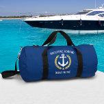 Welcome Aboard Boat Name Anchor Gold Laurel Star Duffle Bag<br><div class="desc">A custom designed nautical boat anchor, gold style laurel leaves and a gold star with "Welcome Aboard" and your personalized name or boat name on a stylish gym or travel duffle bag. This design is in white and gold colours on classic navy blue or edit the design and easily change...</div>