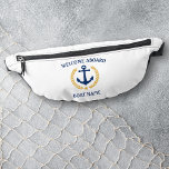Welcome Aboard Boat Name Anchor Gold Laurel Star Fanny Pack<br><div class="desc">Personalized fanny packs featuring a custom designed nautical boat anchor, gold style laurel leaves and a gold star with "Welcome Aboard" and your name or boat name. This design is in navy blue and gold colours on white or edit the design and easily change the belt pouch to any desired...</div>