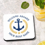 Welcome Aboard Boat Name Anchor Gold Laurel White Coaster<br><div class="desc">An elegant set of nautical themed cork back beverage coasters with welcome aboard and your personalized boat name, family name or other desired text. Features a custom designed boat anchor with gold style laurel leaves and a star on white or easily customize the base colour to match your current decor...</div>