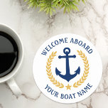 Welcome Aboard Boat Name Anchor Gold Laurel white Round Paper Coaster<br><div class="desc">A stylish nautical themed set of paper coasters with welcome aboard and your personalized boat name, family name or other desired text. Features a custom designed boat anchor with gold style laurel leaves and a star on white or easily customize the base colour to match your current decor or theme....</div>