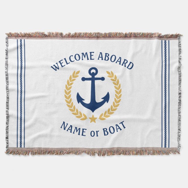 Welcome Aboard Boat Name Anchor Gold Laurel White Throw Blanket (Front)