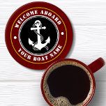 Welcome Aboard Boat Name Anchor Maroon Red Gold Coaster Set<br><div class="desc">A nautical themed coaster set with welcome aboard and your personalized boat name or other desired text. Features a custom designed boat anchor and rope. Comes in black and white with gold coloured trim on maroon red or easily change the base colour to match your current decor.</div>