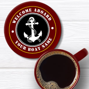Welcome Aboard Boat Name Anchor Maroon Red Gold Coaster Set