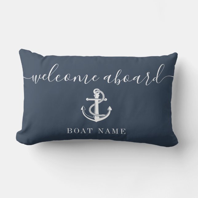 Welcome Aboard Boat Name Anchor Navy Blue Lumbar Pillow (Front)