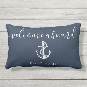Welcome Aboard Boat Name Anchor Navy Blue Lumbar Pillow
