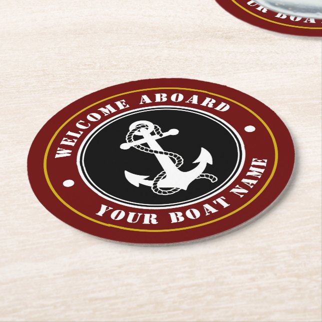 Welcome Aboard Boat Name Anchor Red Gold Style Round Paper Coaster (Angled)