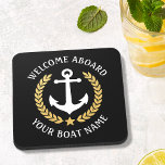 Welcome Aboard Boat Name Anchor Regal Gold Laurel Coaster<br><div class="desc">An elegant set of nautical themed cork back beverage coasters with welcome aboard and your personalized boat name, family name or other desired text. Features a custom designed boat anchor with gold style laurel leaves and a star on regal black or easily customize the base colour to match your current...</div>