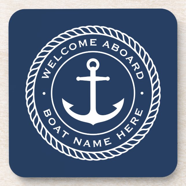 Welcome aboard boat name anchor rope border coaster (Front)