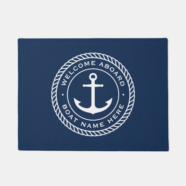 Welcome aboard boat name anchor rope border doormat (Front)