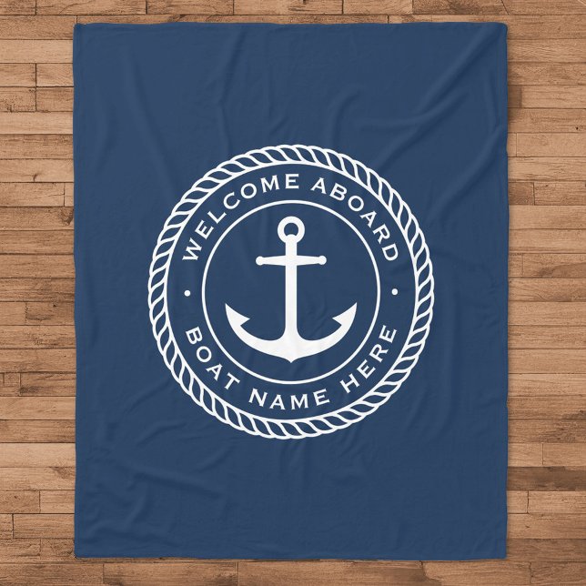 Welcome aboard boat name anchor rope border fleece blanket (Creator Uploaded)