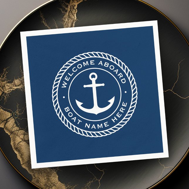 Welcome aboard boat name anchor rope border napkin (Welcome aboard boat name anchor rope border napkins)