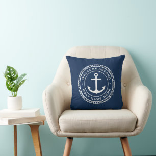 Welcome aboard boat name anchor rope border throw pillow