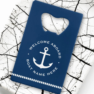 Welcome aboard boat name anchor rope dark blue credit card bottle opener