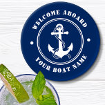 Welcome Aboard Boat Name Anchor Rope Navy Coaster<br><div class="desc">A nautical themed coaster set with welcome aboard and your personalized boat name or other desired text. Features a custom designed boat anchor and rope. Comes in white on navy blue or easily change the base colour to match your current decor.</div>