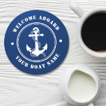 Welcome Aboard Boat Name Anchor Rope Navy Round Paper Coaster<br><div class="desc">A nautical themed paper coaster set with welcome aboard and your personalized boat name or other desired text. Features a custom designed boat anchor and rope. Comes in white on navy blue or easily change the base colour to match your current decor.</div>