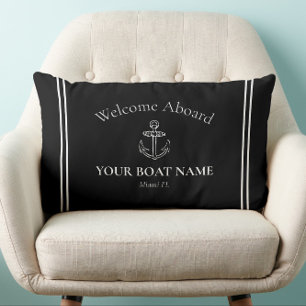 Welcome Aboard Boat Name Black & White Nautical Lumbar Pillow
