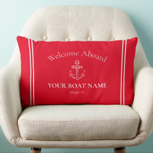 Welcome Aboard Boat Name Bright Red Nautical Lumbar Pillow