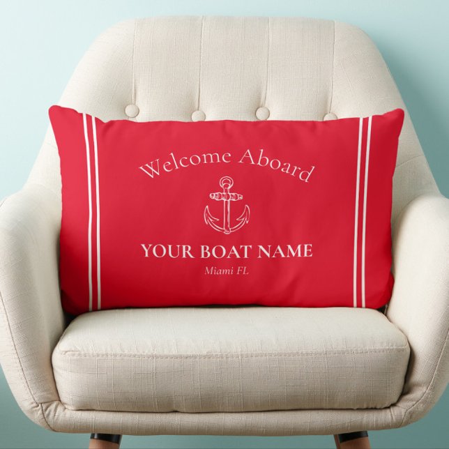 Welcome Aboard Boat Name Bright Red Nautical Lumbar Pillow (Red and White Traditional Nautical Welcome Aboard Boat Pillow with Your Boat Name and Home Port)