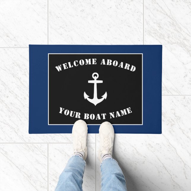Welcome Aboard Boat Name Classic Anchor Navy Doormat (Indoor)