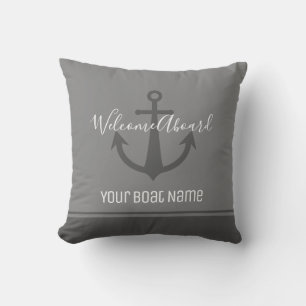 Welcome Aboard Boat Name Grey Anchor Nautical Outdoor Pillow