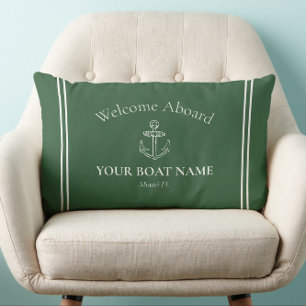 Welcome Aboard Boat Name Hunter Green Nautical Lumbar Pillow