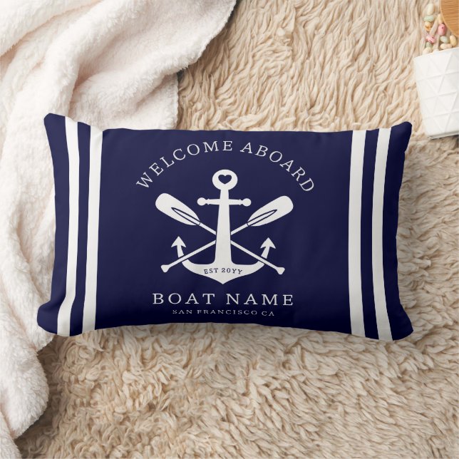 Welcome Aboard Boat Name Nautical Anchor | Blue Lumbar Pillow (Blanket)