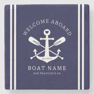 Welcome Aboard Boat Name Nautical Anchor Blue Stone Coaster