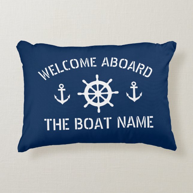 Welcome aboard boat name nautical anchor navy blue accent pillow (Front)