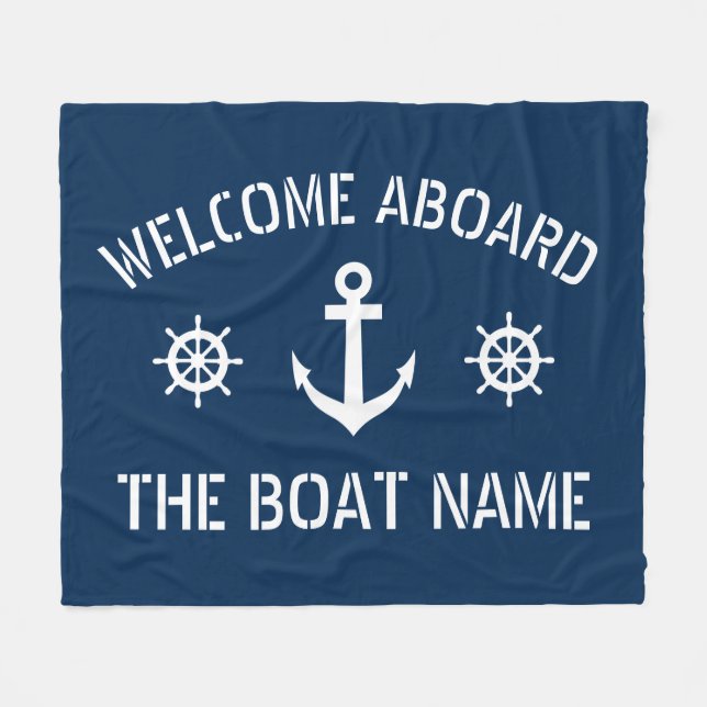 Welcome aboard boat name nautical anchor navy blue fleece blanket (Front (Horizontal))