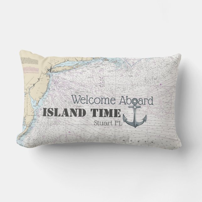 Welcome Aboard Boat Name Nautical Chart + Anchor Lumbar Pillow (Front)
