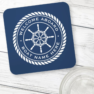 Welcome aboard boat name nautical ship's wheel coaster