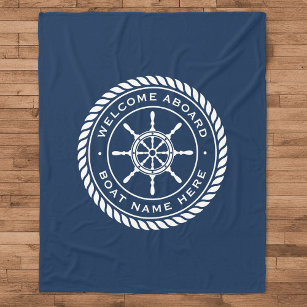 Welcome aboard boat name nautical ship's wheel fleece blanket
