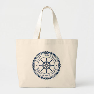 Welcome aboard boat name nautical ship's wheel large tote bag