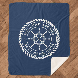 Welcome aboard boat name nautical ship's wheel sherpa blanket