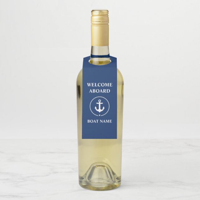 Welcome Aboard Boat Name Navy Blue Bottle Tag (On Bottle)