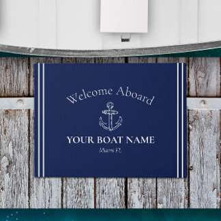 Welcome Aboard Boat Name Navy Blue White Nautical Doormat